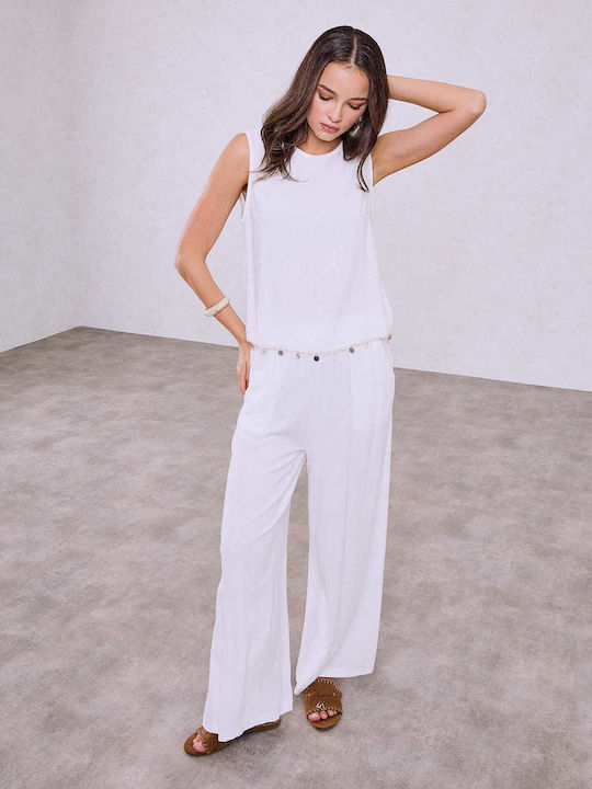 Celestino Set Women's Blouse Palazzo Pants Linen Loose Fit White