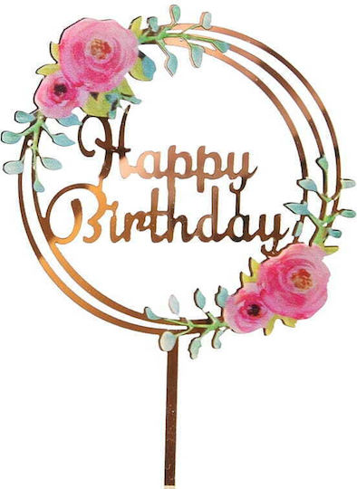 Acrylic Topper Happy Birthday Gold Flowers Pattern 2