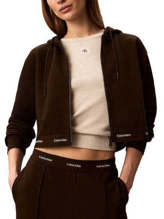 Calvin Klein Logo Cropped Women's Hooded Sweatshirt Cardigan Brown