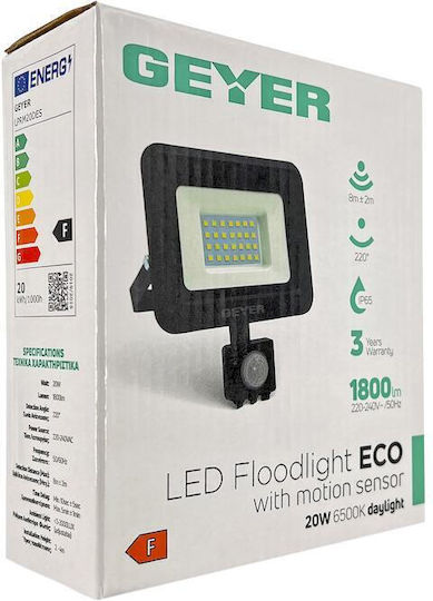 Geyer Waterproof LED Flood Light 20W Cold White 6500K with Motion Sensor IP65