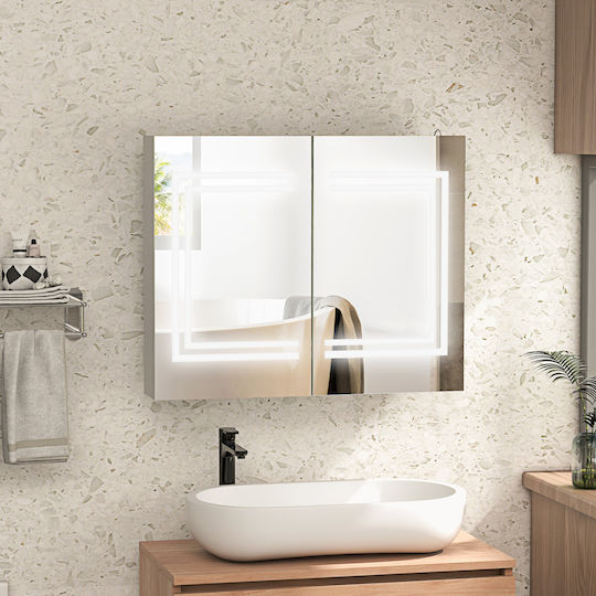 Kleankin 834-647V00WT Καθρέπτης Led Αφής από MDF με Ράφι & Ντουλάπι 80x65cm Λευκός