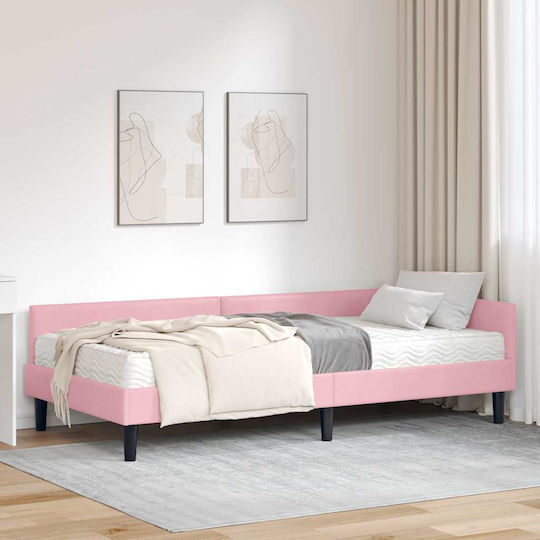 Pat Single Tapițat cu Catifea Roz cu Plăci și Saltea 90x200cm