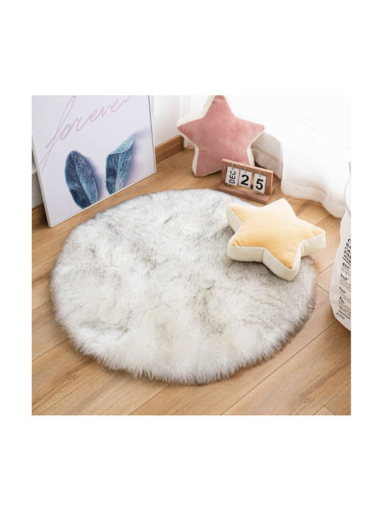 To megalo pazari Round Furry White-Grey Rug Φ90cm