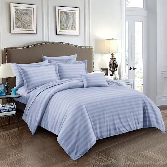 To megalo pazari King Size Bed Sheets Set with Rubber Hugger 220x240+22cm Light Blue 4 Pieces