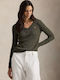 Women's Long Sleeve Cotton Sweater with V Neckline Green/Khaki