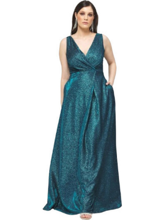 Velur Sommer Maxi Abendkleid Wickel Petrol