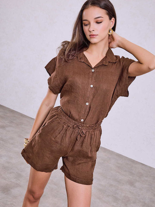 Celestino Women's Linen Shorts Rolled Hem Brown