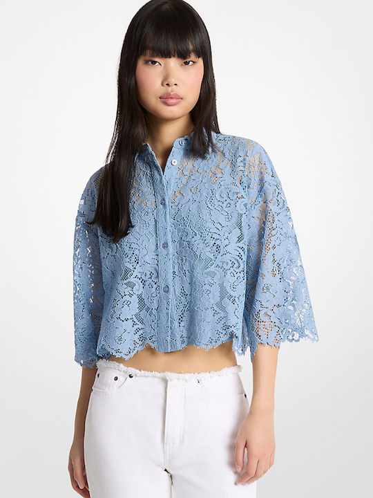Long Sleeve Women's Denim Shirt Light Blue Floral