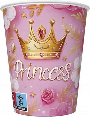 Pahare De Hârtie Roz Coroană De Prințesă Zi De Naștere 250ml 8 Bucăți