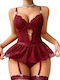 Smd Scarlet Allure Set Underwire Teddy Mini Skirt and Adjustable Garters Sexy Lingerie Sets Skirt and Garters
