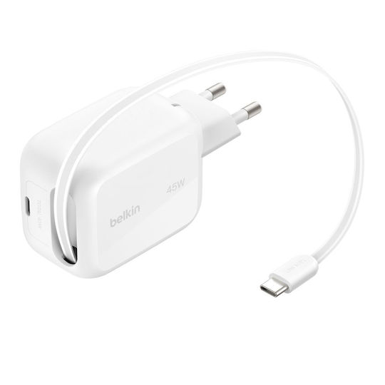 Belkin Φορτιστής με Ενσωματωμένο Καλώδιο GaN USB-C 45W Power Delivery Λευκός (BOOST Charge Pro)