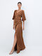 Maxi Evening Satin Dress with Slit Satin
