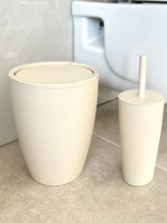 SteweHome Plastic Bathroom Brush and Trash Can Set Beige