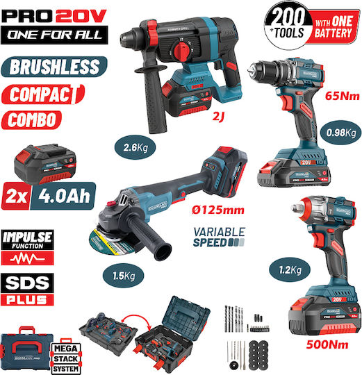 Bormann Pro BBP5438X44T4CA Battery Tool Set Angle Grinder Impact Drill Driver Impact Wrench & Rotary Hammer Brushless with 2 Batteries 4Ah and Case