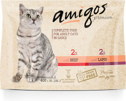Amigos Premium Чантичка Пълна Храна Възрастни Котки Говеждо Агнешко 400 Г