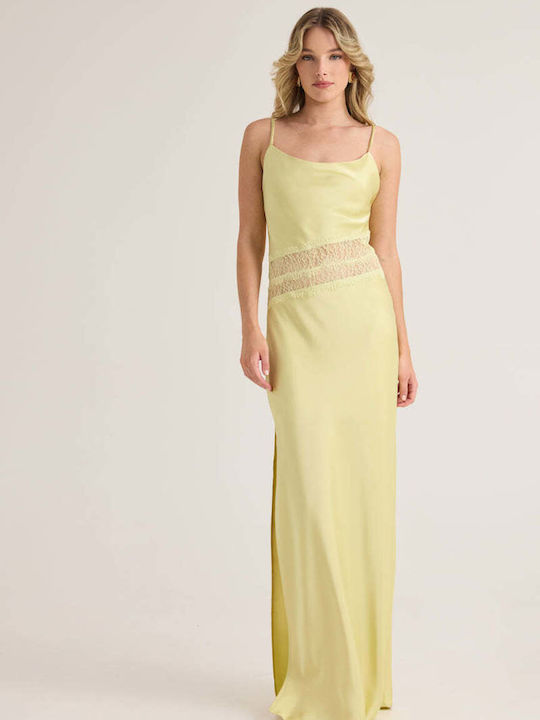 Summer Maxi Evening Slip Dress Satin with Mesh Yellow