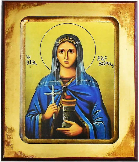 Handgefertigte Heiligenikone St. Barbara aus geschnitztem Holz 18x23cm