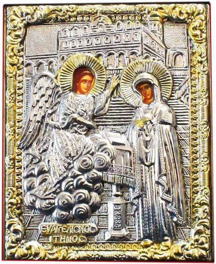 Versilberte Heiligenikone Verkündigung der Gottesmutter mit Samt 10x14cm