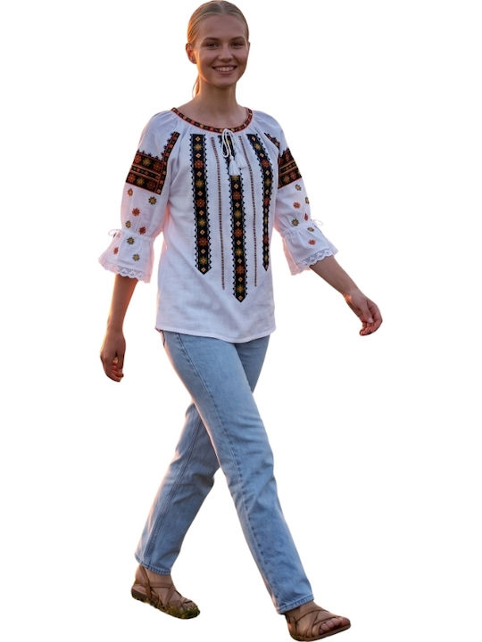 Bluza Damă Bumbac Mânecă Lungă Alb/Portocaliu