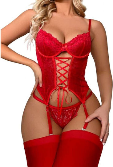 Set De Lenjerie Sexy Jartiere Roșu Pentru Femei 7122