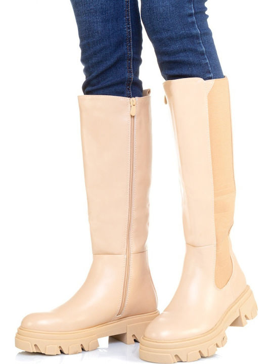 Leder Damenstiefel mit Mittelhohem Absatz Beige