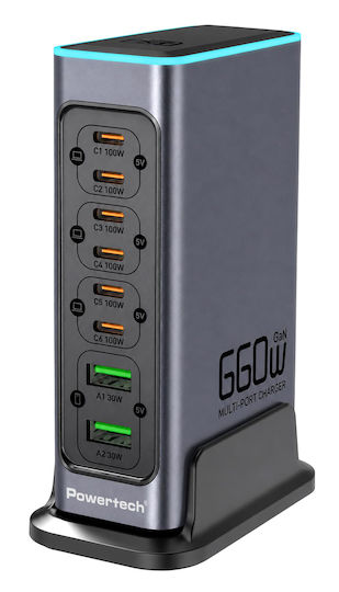 Powertech GaN Charging Station with 2 USB-A Ports and 6 USB-C Ports 140W Power Delivery / Quick Charge 3.0 in Grey (PT-1621)
