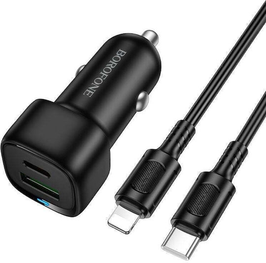 Borofone Автомобилен Заряден Устройство 38W Бързо Зареждане с Портове 1xUSB-A 1xType-C с Кабел Lightning / Type-C Черен Цвят