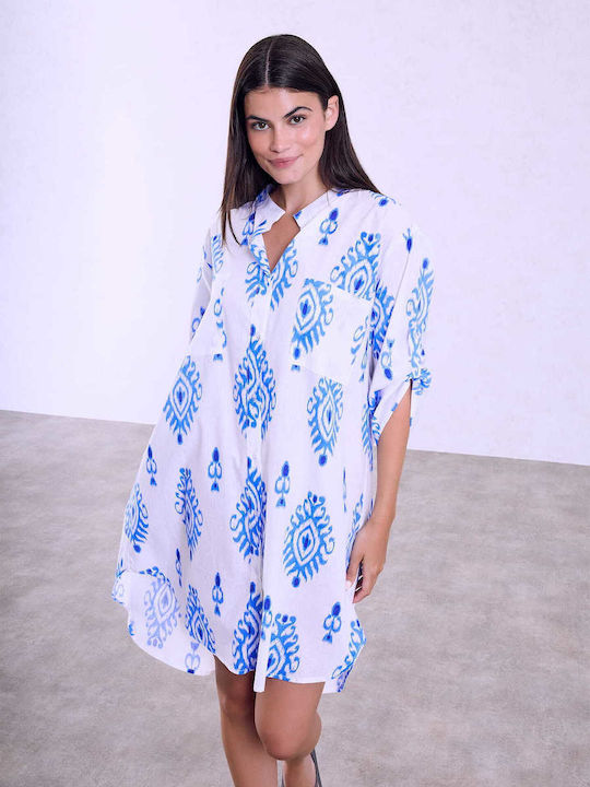 Celestino Women's Caftan Shirt Asymmetric Pockets Loose Fit Blue
