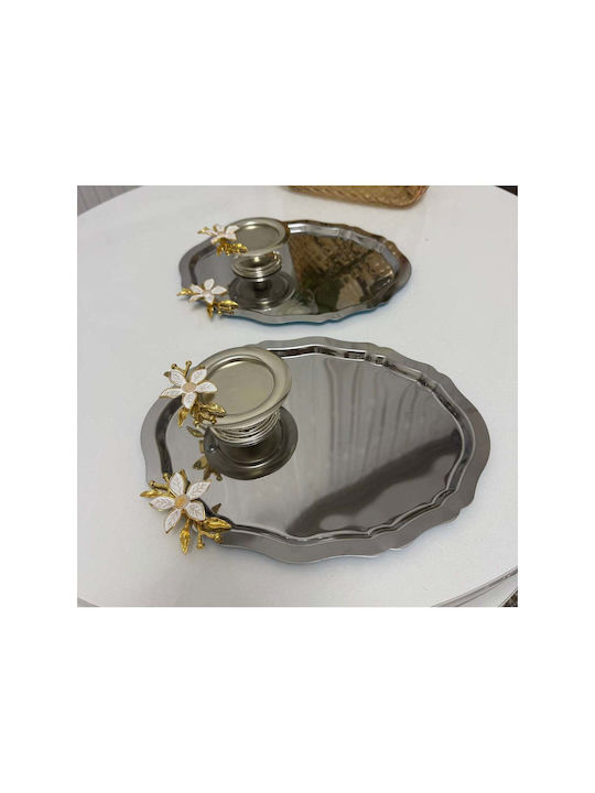 Stewehome Set 2 Oval Trays Decorative Lily 2 Silver Food Jars Loukoumia Lily Stainless Steel 25x20 Cm