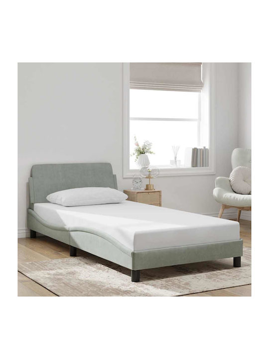 Pat Single Tapitat Cu Catifea Gri Cu Plăci Potrivit Pentru Saltea 100x190cm