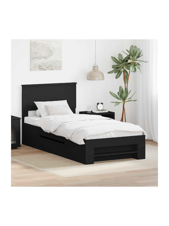 Pat Single Din Lemn Negru Cu Plăci Potrivit Pentru Saltea 90x200cm