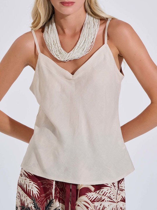 Damen Sommer Leinen Bluse mit Spaghetti-Träger und V-Ausschnitt Beige
