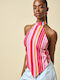 Women's Blouse Off-Shoulder Sleeveless with Neck Tie Striped Reversible