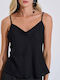 Women's Summer Linen Blouse with Spaghetti Straps & V-Neck Black