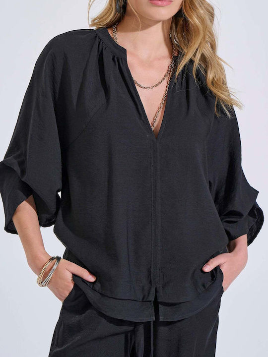 Women's Blouse with 3/4 Sleeve & V Neckline Black