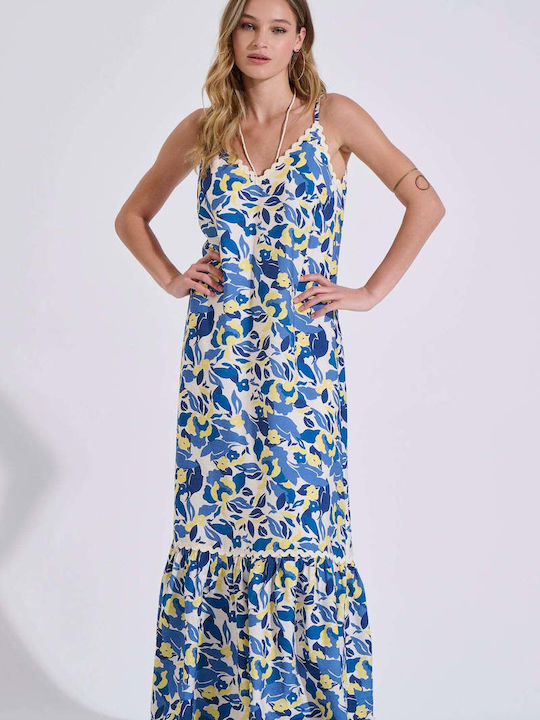 Summer Maxi Slip Dress with Ruffles Blue