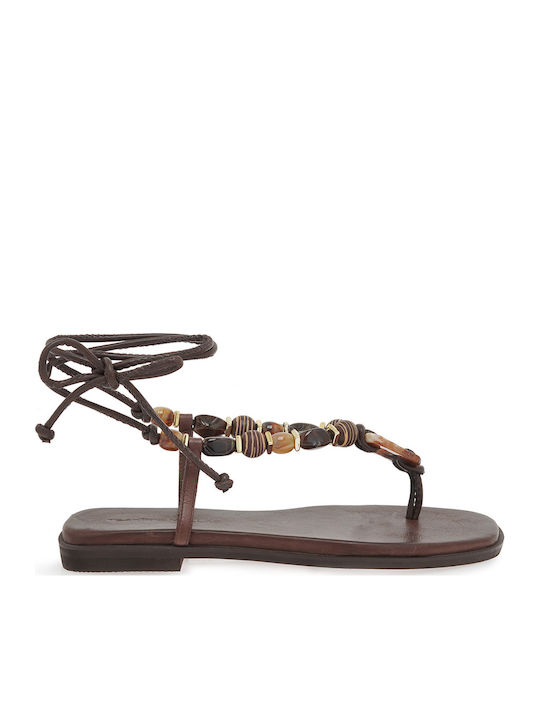 Leather Women's Flat Sandals Brown