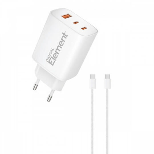 Element Зарядно Устройство GaN с USB-A Порт и 2 USB-C Порта и Кабел USB-C - USB-C 65W Power Delivery Бял (CH-450)