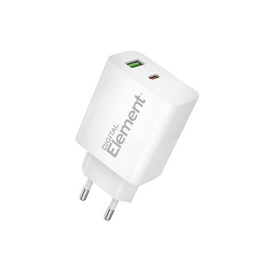 Element Φορτιστής Χωρίς Καλώδιο GaN με Θύρα USB-A και Θύρα USB-C 30W Power Delivery Λευκός (CH-200)