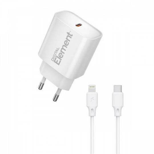 Element Зарядно GaN с USB-C порт и кабел USB-C - Lightning 20W Power Delivery Бял (CH-150PD)