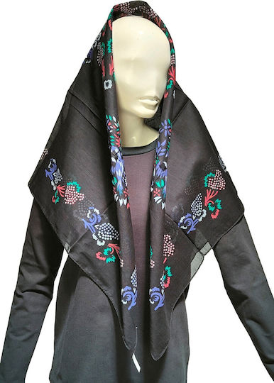 Epirus Women's Large Traditional Costume Headscarf Black Flowers Mark205 Black Leaves