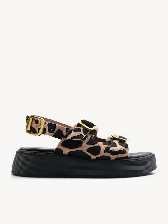 Бежови Print Кожени Flatforms С Двойни Регулиру...