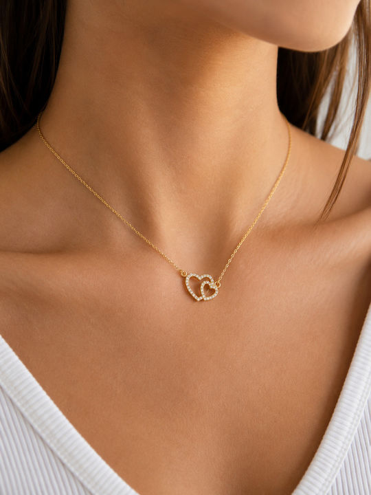 Ioannis Kosmima Double Necklace with Heart Design in Gold Plated Silver with Zircon