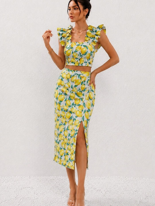Set Mit Denim Hohe Taille Midi Blumenrock Limette Gelb