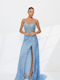 Maxi Βραδινό Φόρεμα Strapless με Σκίσιμο Baby Blue