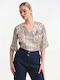 Women's Satin Short Sleeve Blouse with V-Neckline Beige