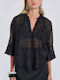 Women's Cotton Blouse with V-Neck Black