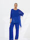 Women's Dark Blue Set with Trousers with Elastic in Relaxed Fit with Sequins