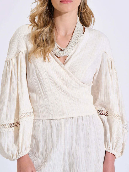 Women's Blouse with V-Neck Ecru