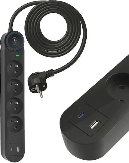 Art Захранваща Лента 4 Изхода с USB-A USB-C и Кабел 3м